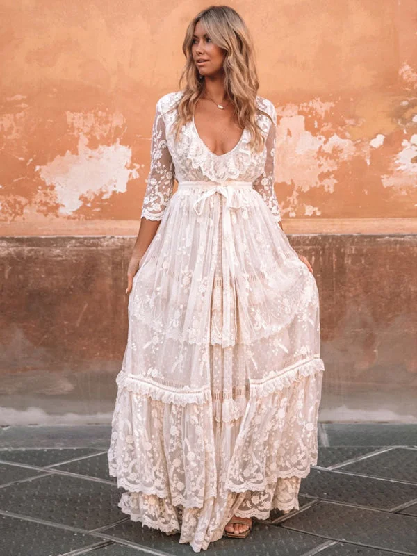 Boho Wedding Dress Suit 2021 V Neck Floor Length Lace Multilayer Bridal Gown Dress And Outfit Women