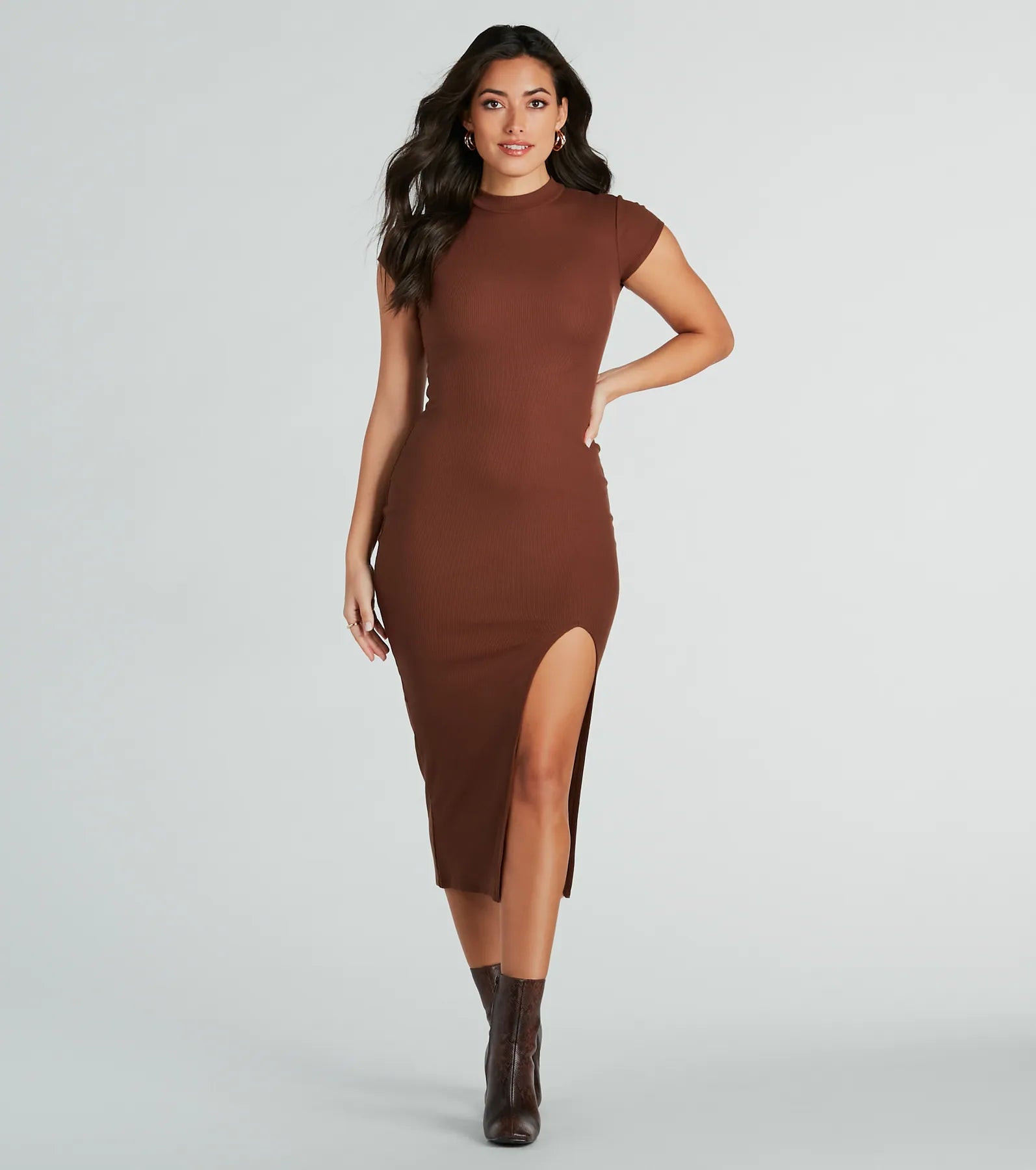 Sweet Demeanor Mock Neck Ribbed Knit Midi Dress Sophisticated Women's Tailored