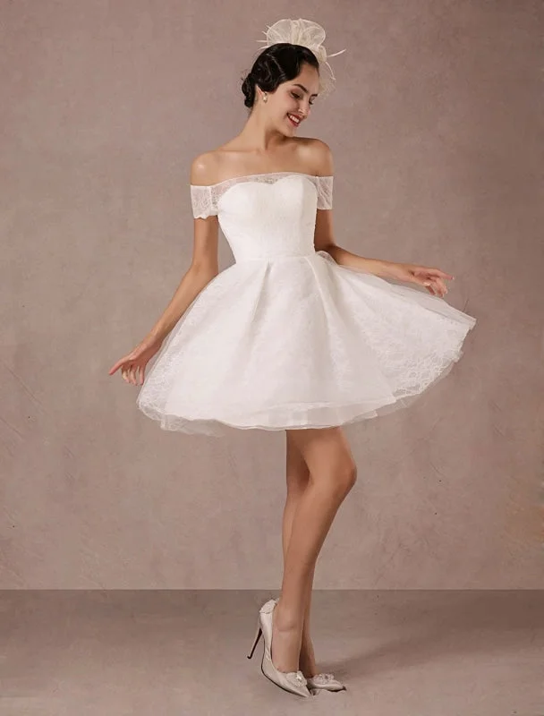 Short Wedding Dress Lace Off The Shoulder Mini A-Line Vintage Bridal Dress Refined Women's 
