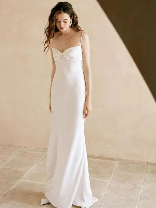 White Simple Wedding Dress Polyester Designed Neckline Spaghetti Straps Bows Polyester Sheath Floor-Length Bridal Dresses Feminine Women's Soft 