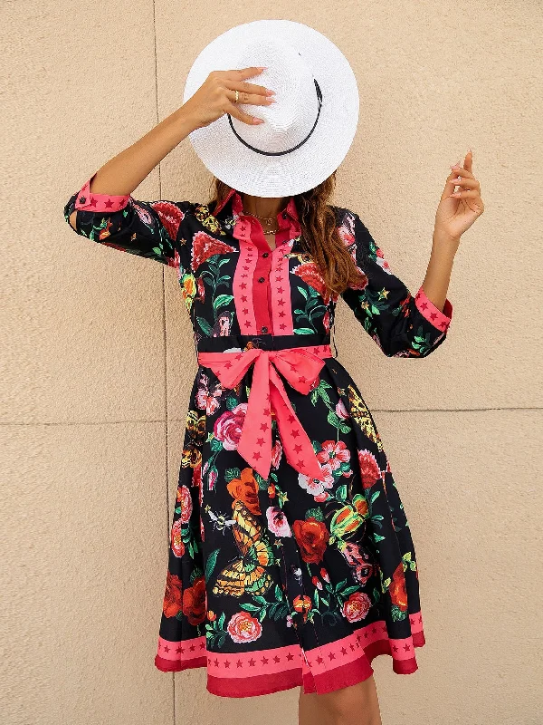 Animal Button Front Three Quarter Length Sleeve Collar Flared High Waist Knee Length Dress Unique Women's Upcycled