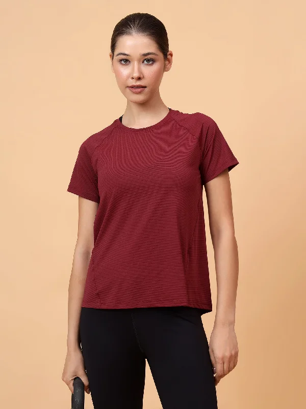 Fitkin Women Maroon Self Stripe Round Neck Tshirt Unique Women's Upcycled