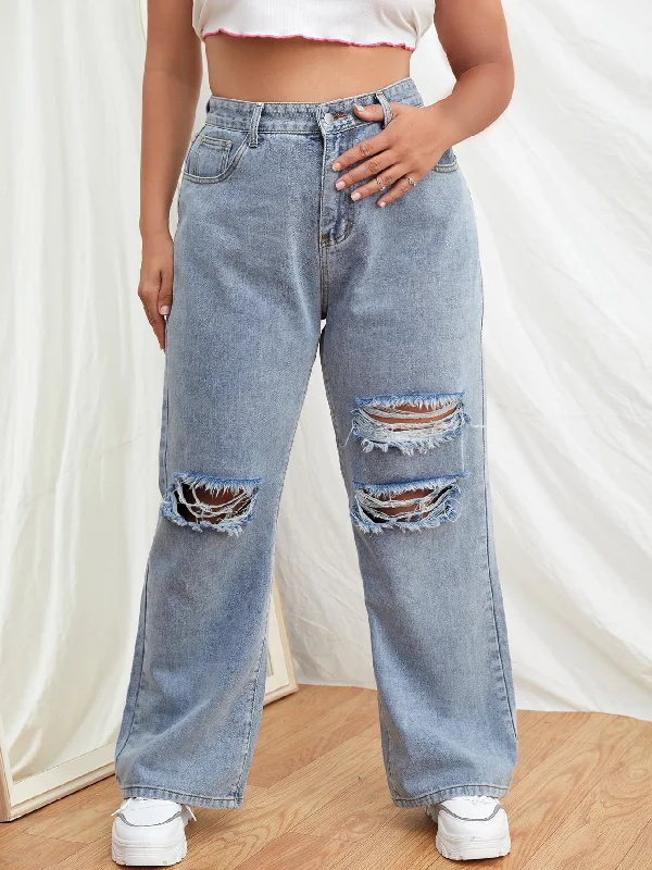 Plus High Waist Knee Ripped Wide Leg Jeans Casual Women's Loose - fitting