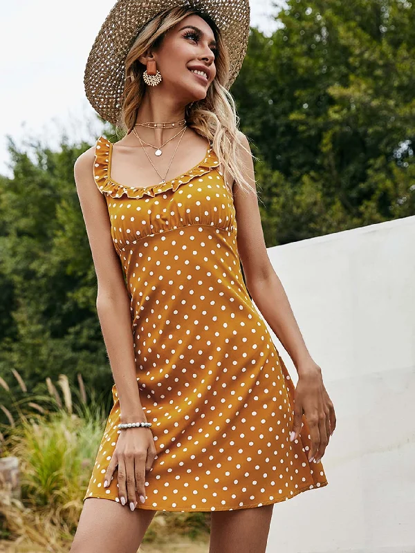 Polka Dot Zipper Sleeveless Straps Straight Natural Short Dress Refined Women's Classic 