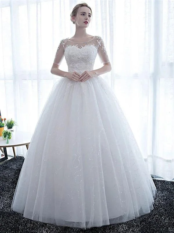 New Cheap Wedding Dresses Eric White Off The Shoulder Short Sleeves Soft Tulle Lace Up Floor Length Bride Dresses Sophisticated Women's 