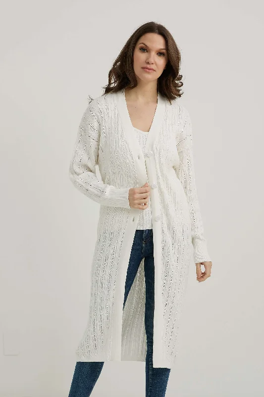 emproved Long Cardigan P2230-WHT White Monochromatic Office Style