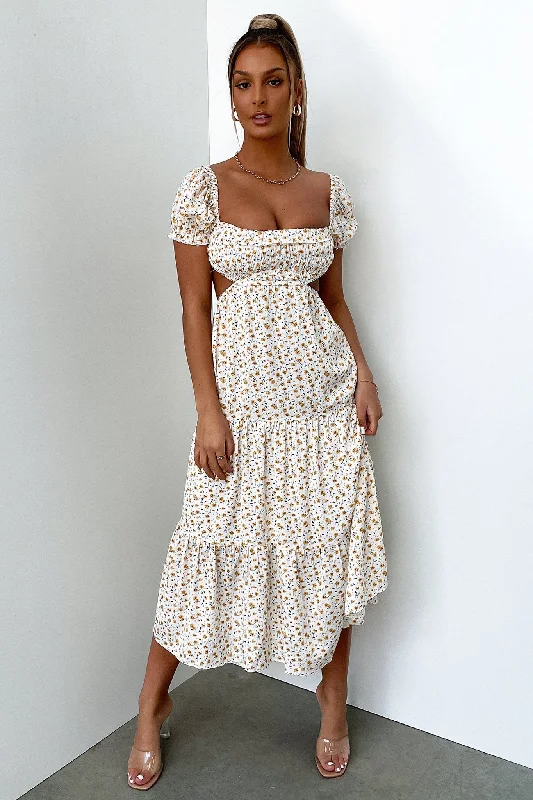 Noelle Midi Dress - Yellow Floral Hip Women's Retro