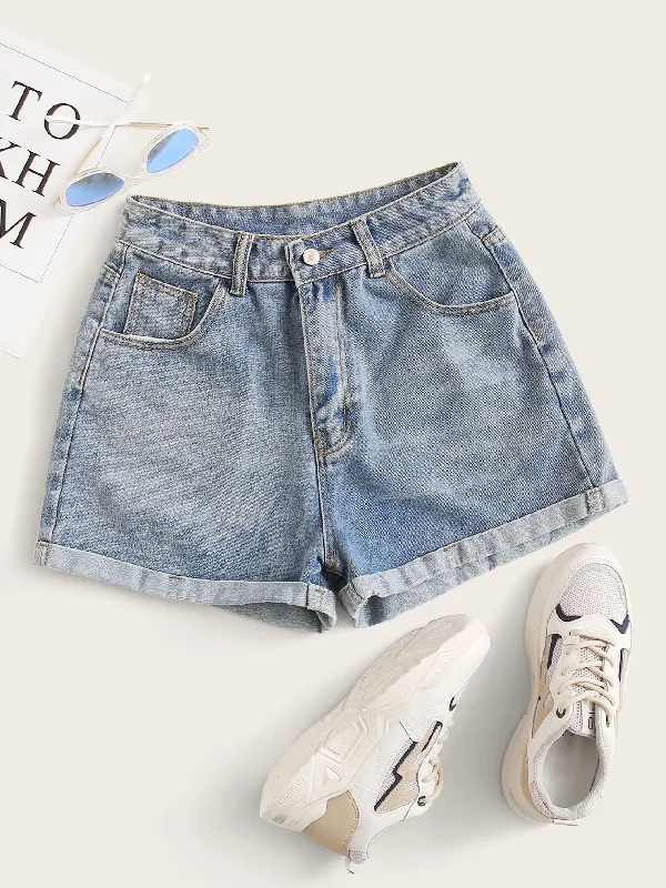 Plain Zipper High Waist Plus Size Denim Shorts Artistic Women's Hand - painted