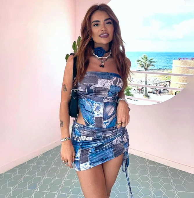 Strapless Printed Side Drawstring Mini Dress Business