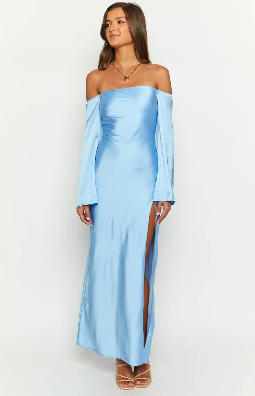 Shae Blue Satin Long Sleeve Maxi Dress Practical Women's Quick - dry