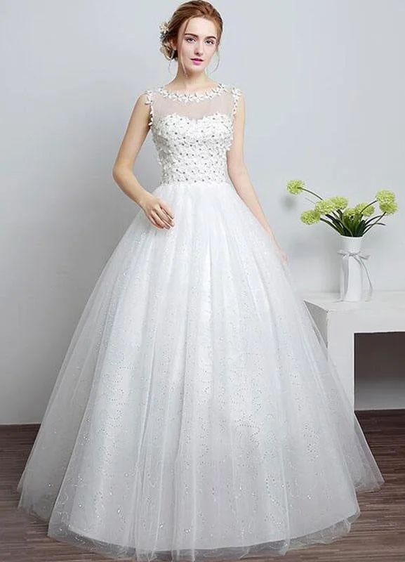 Princess Wedding Dress Ivory Sweetheart Illusion Neckline Cut Out Floor Length Bridal Dress With Rhinestone Flowers Classic Women's Pin - striped