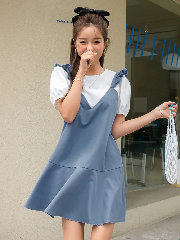 Colorblock Ruffle Short Sleeve Round Neck Flounce Drop Waist Short Dress Feminine Women's Soft 