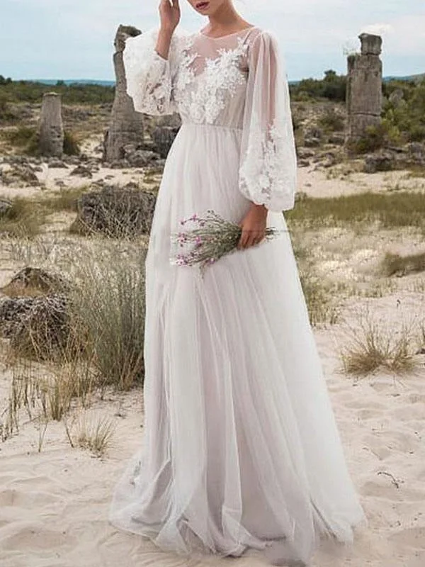 Simple Wedding Dress A Line Tulle Jewel Neck Long Sleeves Lace Bridal Dresses Trendy Women's 