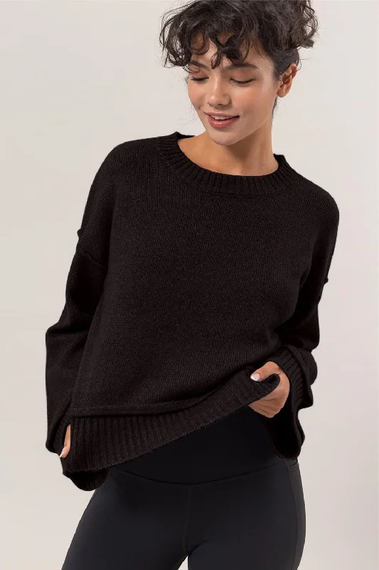 Dropped Shoulder Ribbed Sweater - Black Youthful Women's Anime - inspired