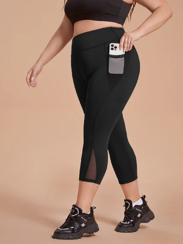 Plain Contrast Mesh High Waist Capris Plus Size Sports Leggings & Pants Cozy Women's Winter