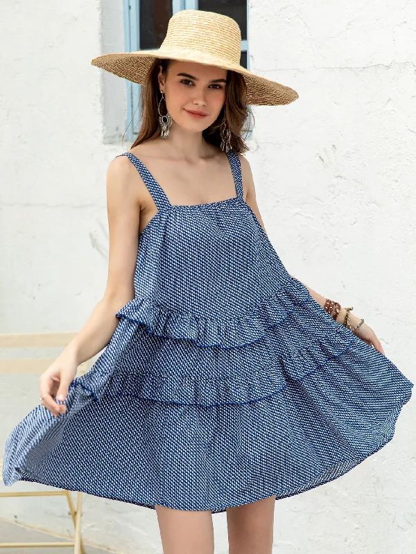 All Over Print Ruffle Hem Sleeveless Straps Flared Natural Short Dress Monochromatic All - in - one