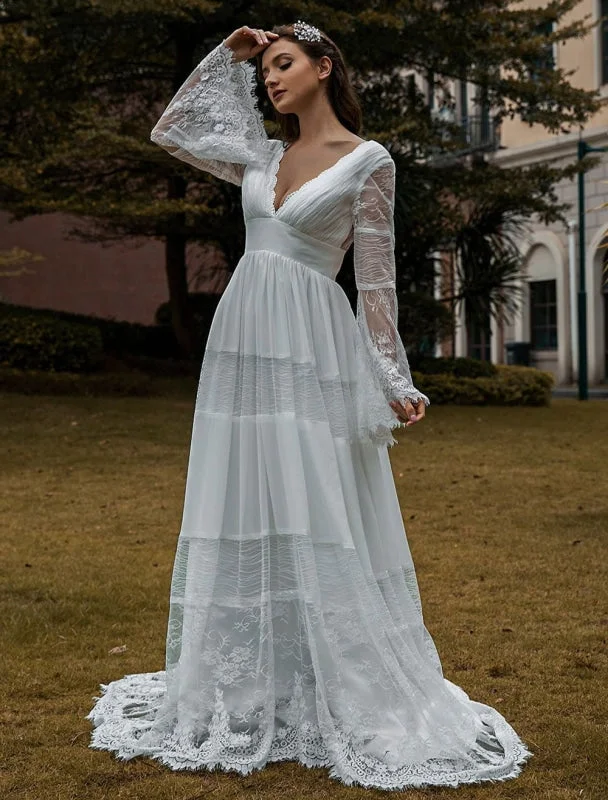 Bridal Gowns Boho Wedding Dress Long Sleeves Lace V-Neck Lace Chiffon Wedding Gowns Exclusive Cozy Women's Sherpa - lined