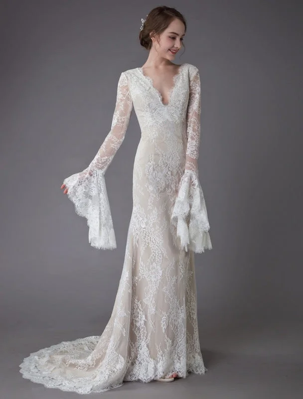 Champagne Wedding Dresses Lace V Neck Long Sleeve Sheath Boho Bridal Dress With Train Exclusive Earthy Women's Hemp - based