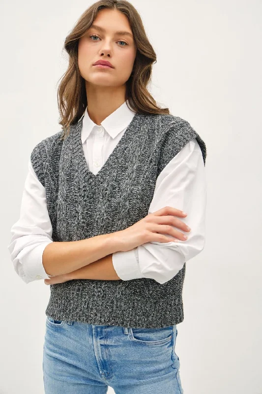 Cable Knit V-Neck Sweater Vest Dapper Women's Bow - adorned