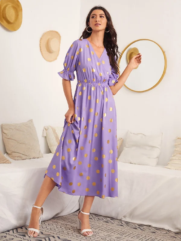 Polka Dot Wrap Half Sleeve V Neck Flared High Waist Long Dress Disco