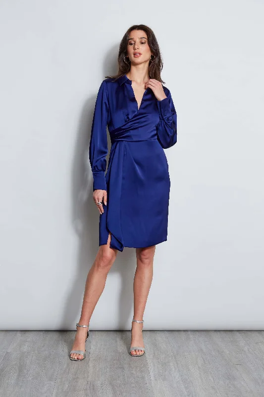 Long Sleeve Satin Wrap Dress Monochromatic All - in - one