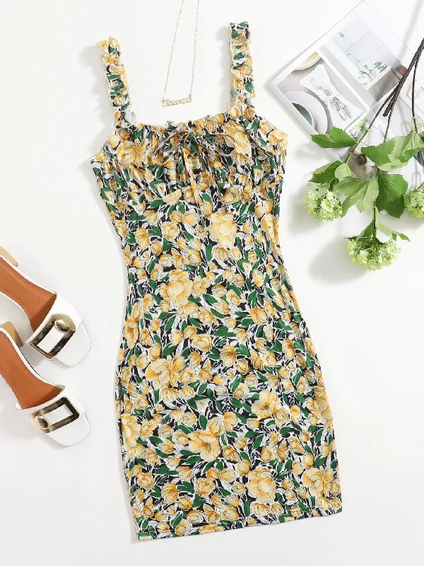 All Over Print Ruched Bust Sleeveless Straps Pencil Natural Short Womens Dress Youthful Women's Pop