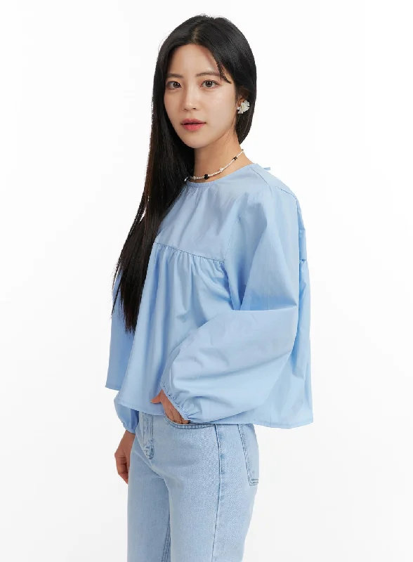 Solid Round Neck Long Sleeve Blouse OF420 Dynamic Women's High - energy