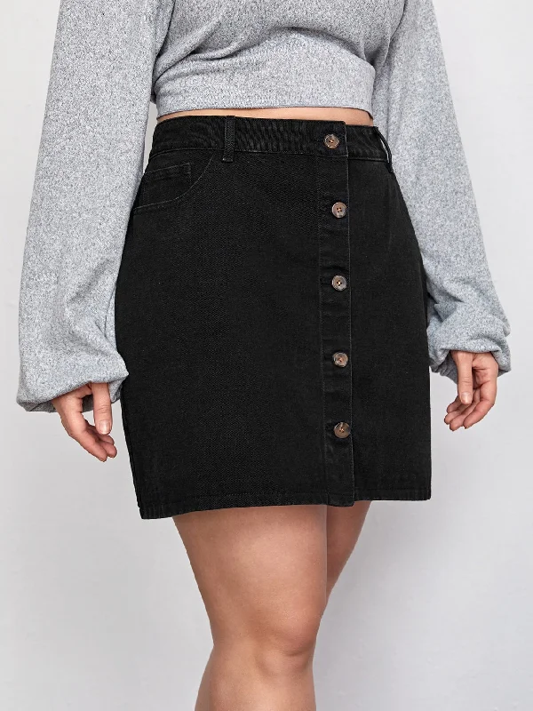Plain Button Front High Waist Short Plus Size Denim Skirt Laid - back Women's Vibe
