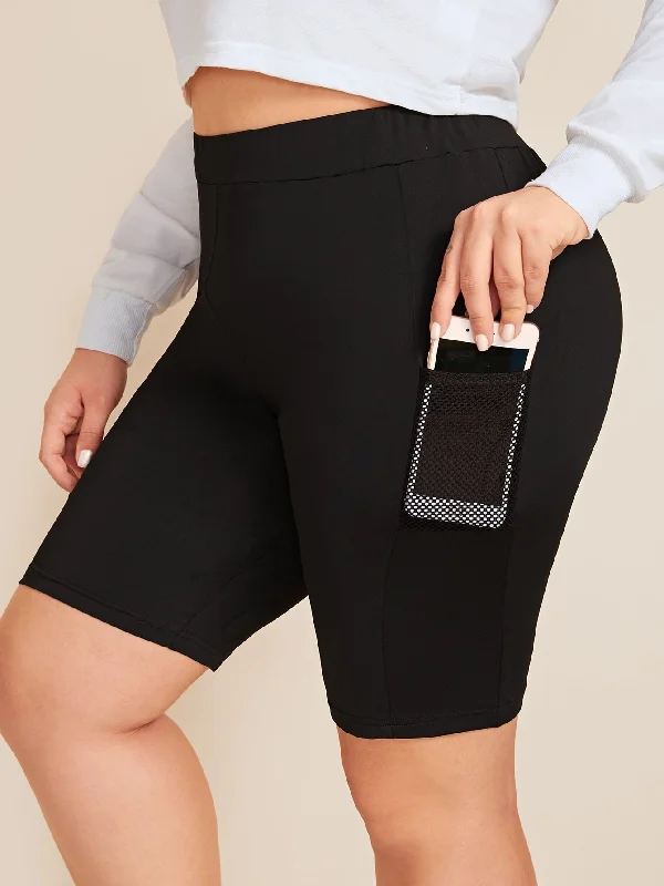 Plain Pocket High Waist Plus Size Sports Shorts Sleek Women's 