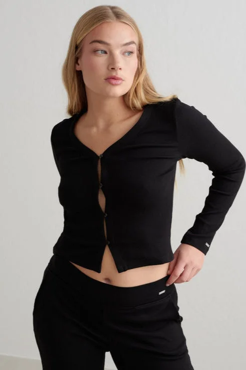 Ease Ribbed Cardigan | Black Cozy Women's Sherpa - lined