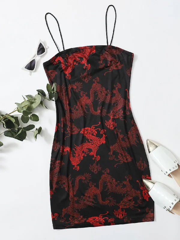 All Over Print Sleeveless Spaghetti Strap Pencil Natural Short Womens Dress Confident Women's High - fashion