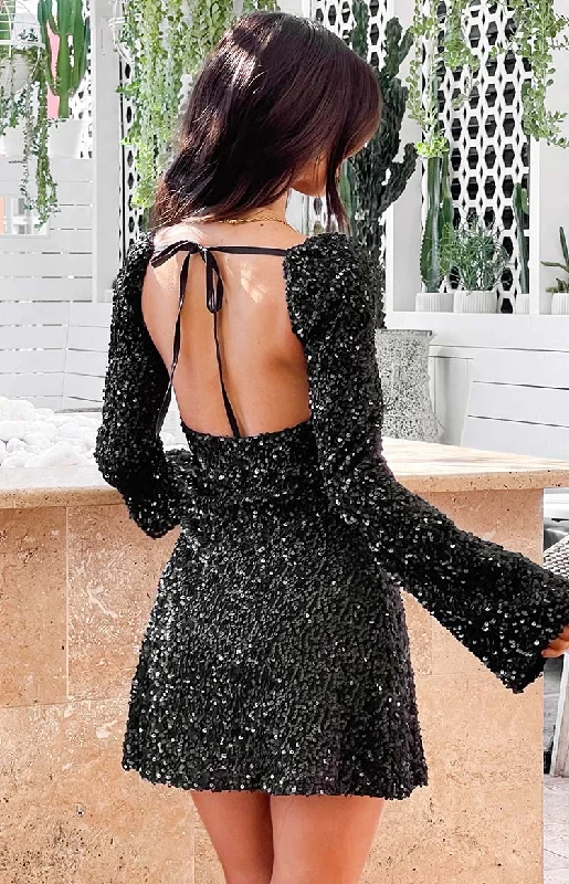 Marienne Black Sequin Long Sleeve Mini Dress Stylish Women's Neon