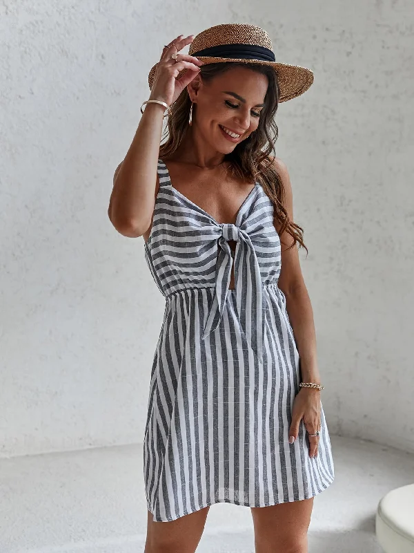 Striped Knot Sleeveless Straps Flared High Waist Short Dress Earthy Women's 
