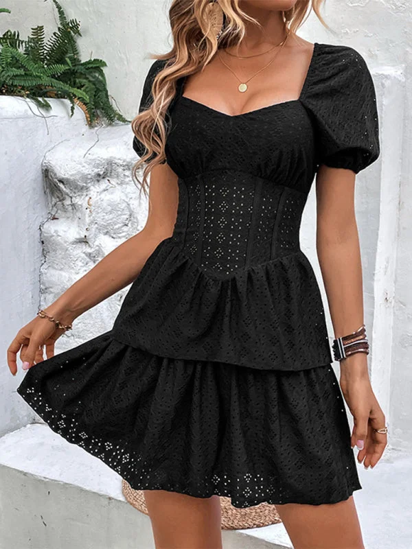 BerryBetty - Women's French Retro Solid Color Tunic Square Neck Puff Sleeves Layered Cake Dress Compression
