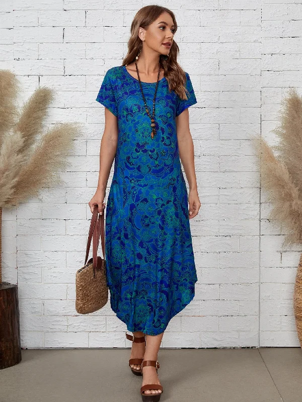 Tribal Short Sleeve Round Neck Straight Natural Long Dress Youthful Women's Pop
