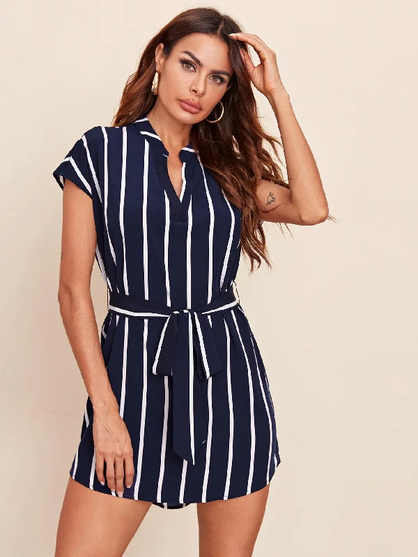 Striped Belted Cap Sleeve Notched Straight Natural Short Dress Women