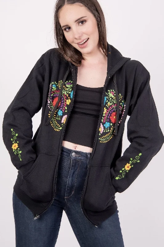 Mexican Handmade Floral Embroidered Zippered Hoodie Black Compression