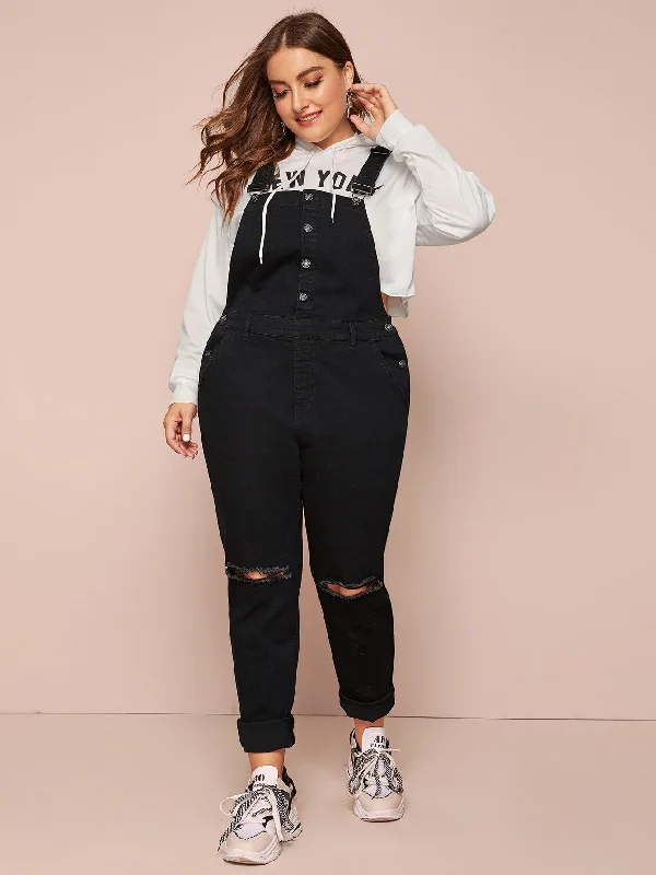 Plain Ripped Sleeveless Straps High Waist Long Plus Size Denim Overalls Dapper Women's 1920S