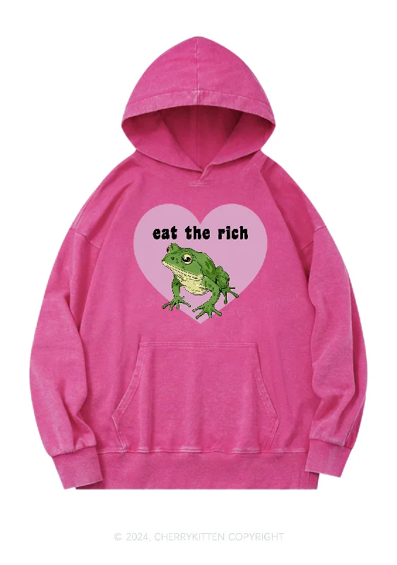 Eat The Rich Frog Y2K Washed Hoodie Cherrykitten Refined Women's Hand - crafted