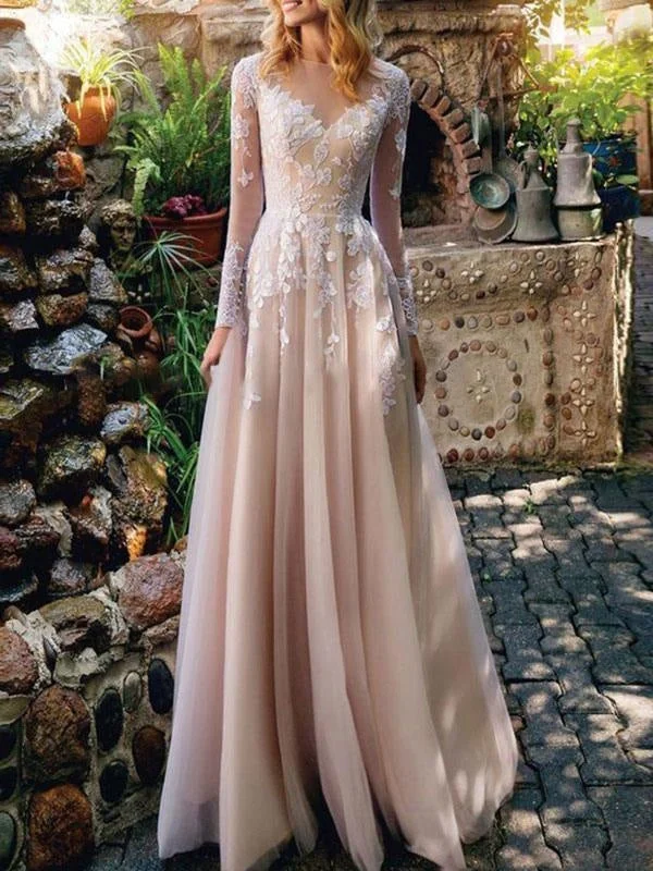 Simple Wedding Dress 2021 Tulle A Line Illusion Neck Lace Applique Floor Length Long Sleeve Tulle Boho Wedding Bridal Dresses With Train Scandinavian