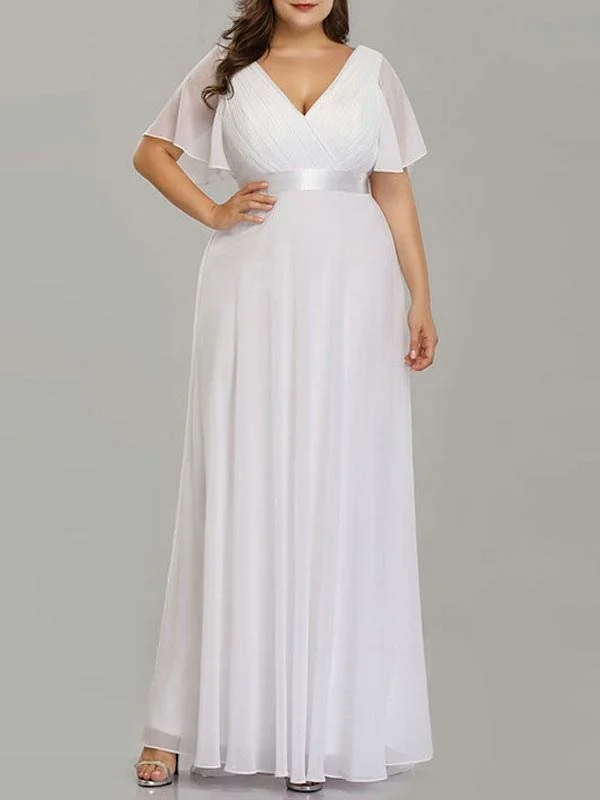 Simple Wedding Dress V Neck Short Sleeves A Line Floor Length Chiffon Sash Plus Size Bridal Gowns With Sweep Train Refined Women's Velvet