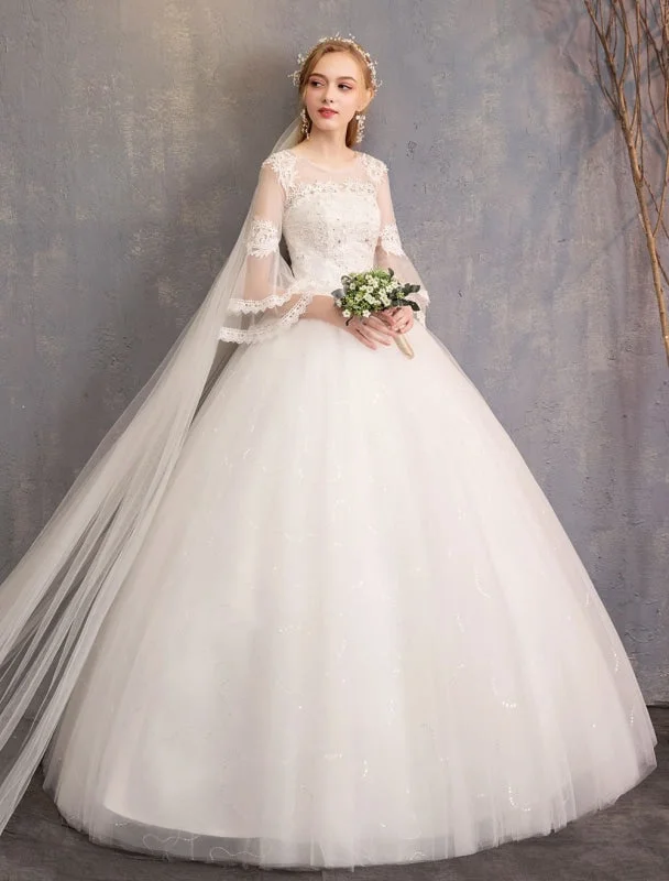 Ball Gown Wedding Dresses Tulle Jewel 3/4 Length Sleeve Floor Length Princess Bridal Gown Feminine Women's Style 