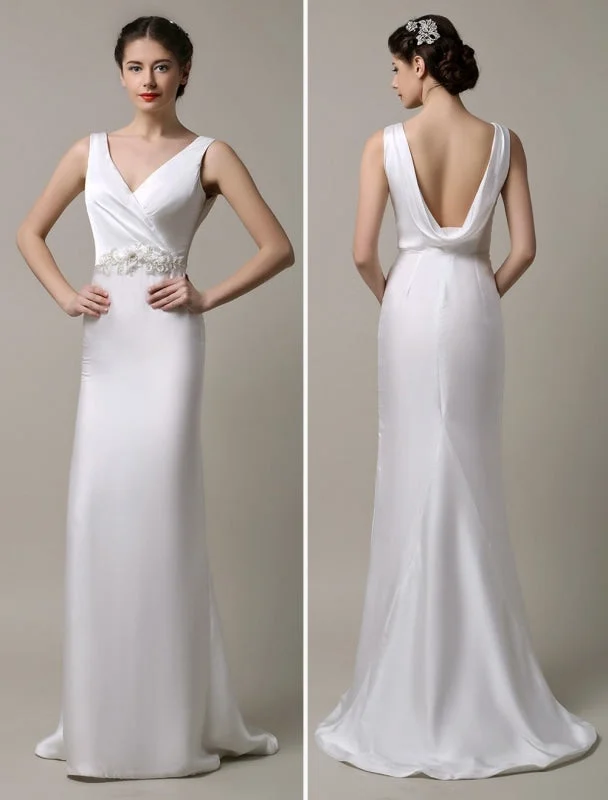 Ivory Satin Deep V-Neck And Cowlback With Embellished Sash Wedding Dress Preppy Women's College