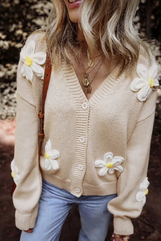 Elegant Flower Decor Button Front Cardigan Country