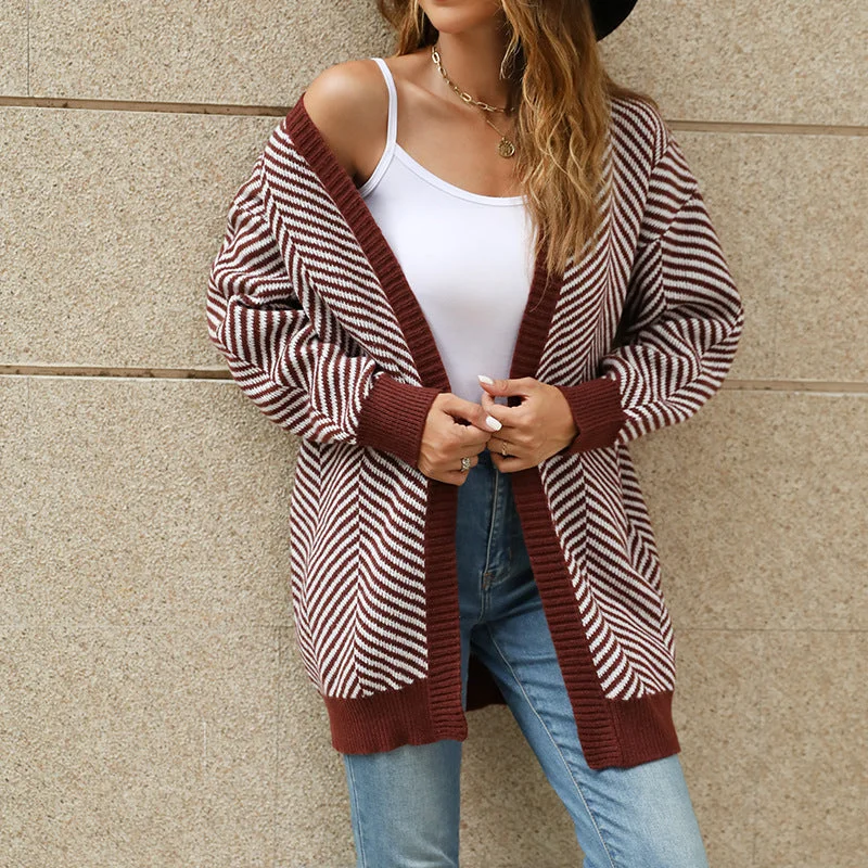 Striped Clashing Colours Knitted Cardigan Sweater Wholesale Womens Clothing N3824091200146 Traditional Women's 