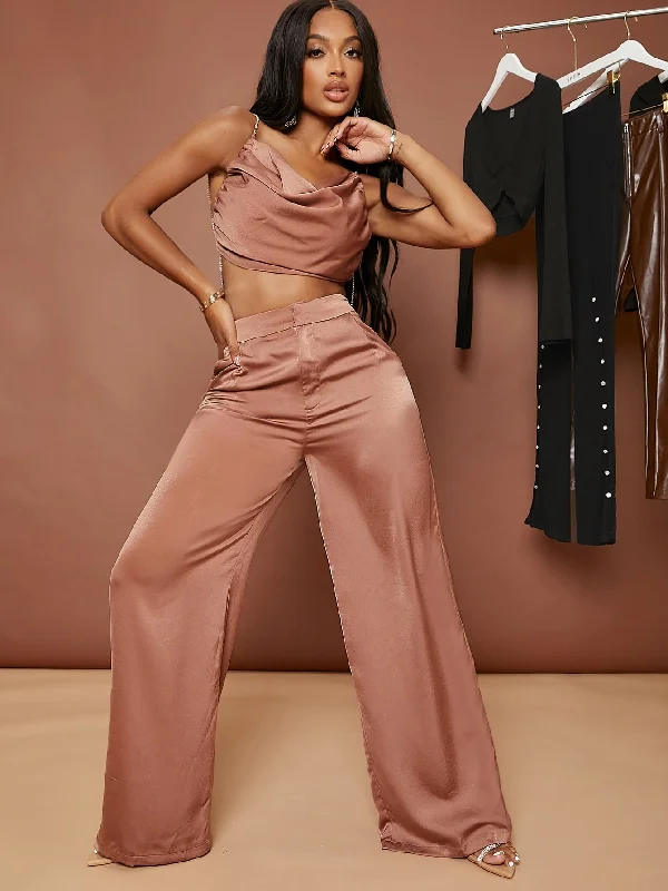 Elegant Plain Zipper High Waist Long Women Pants Sleek Women's Metallic