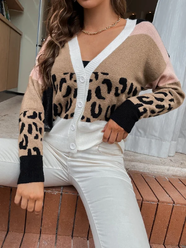 Casual Leopard Button Front Long Sleeve V Neck Regular Women Cardigan Confident Women's Power