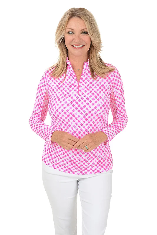 Pink Gingham Check UPF50+ Sun Shirt Classic Women's Pin - striped