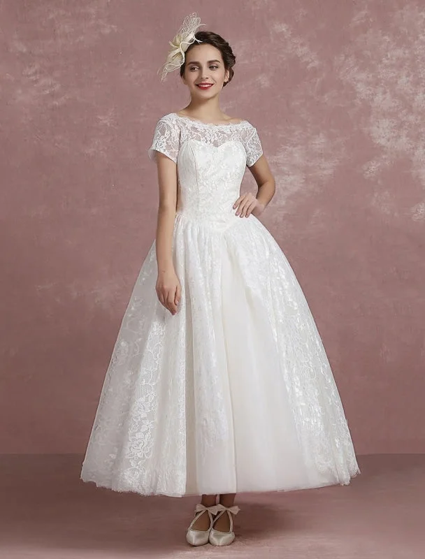 Princess Wedding Dress Lace Vintage Bridal Gown Sweetheart Illusion Short Sleeve Back Design Ball Gown Bridal Dress In Ankle Length Exclusive Compression