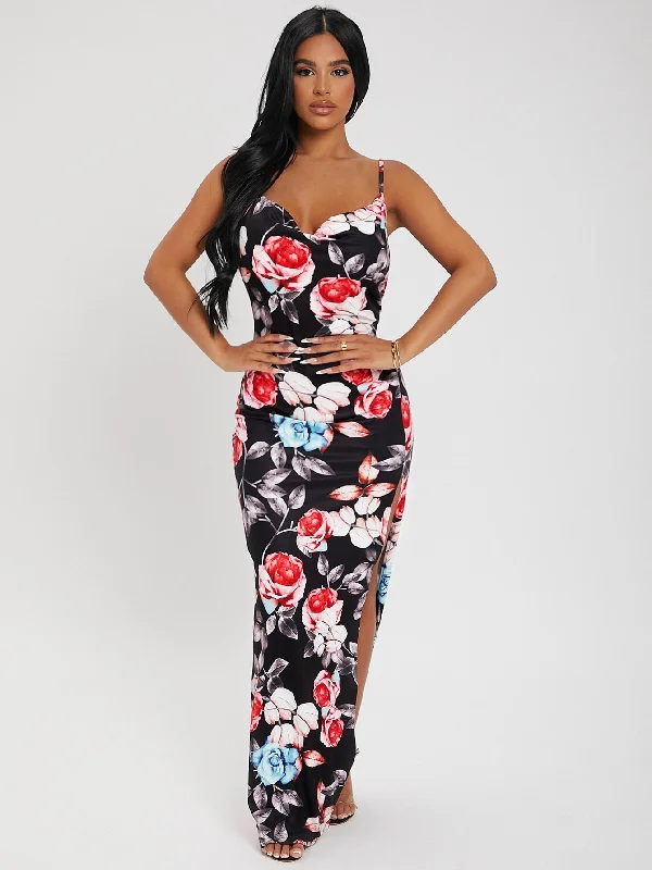 Floral Split Thigh Sleeveless Spaghetti Strap Slit High Waist Long Womens Dress Hip Women's Urban